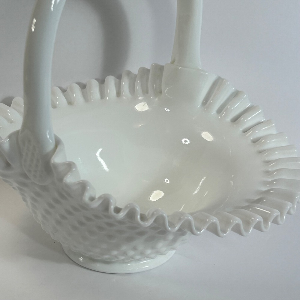 Fenton Hobnail Milk Glass Crimped Handle Ruffled Fluted Edge Basket 9 3/4" VTG